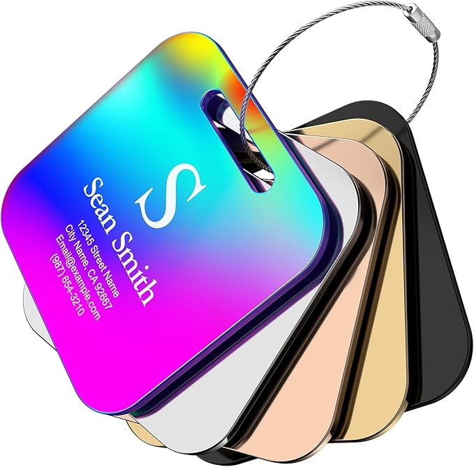 Luggage Tags for Suitcase - Engraved Black Personalized Stainless Steel Metal Tag - Custom Name Tags Suitable for Bags and Backpacks