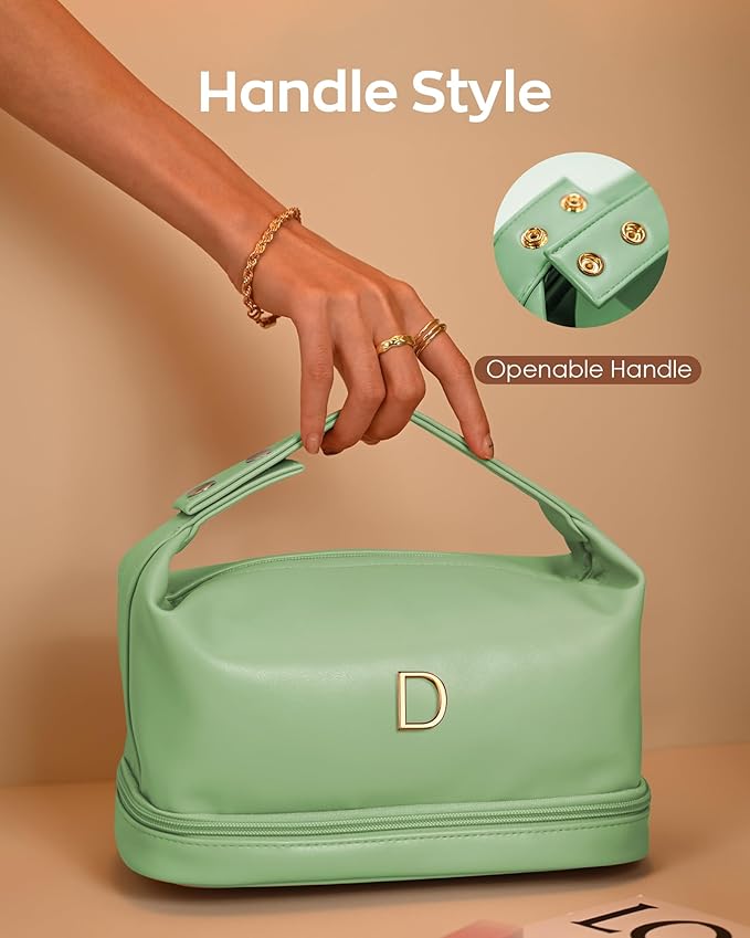 Gifts for Women, Personalized Makeup Bag Organizer with Handle, Initial Double Layer Cosmetic Bag with Makeup Brush Organizer, Preppy Stuff for Teen Girls Gifts for College Girls
