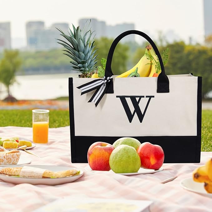TOPDesign Embroidery Initial Canvas Tote Bag, Personalized Present Bag, Suitable for Wedding, Birthday, Beach, Holiday, is a Great Gift for Women, Mom, Teachers, Friends, Bridesmaids (Letter W)