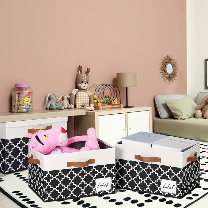 GhvyenntteS 6 Pack Fabric Storage Bins with Lids, Foldable Fabric Storage Boxes with Lids and 3 Handles, Sturdy Closet Organizers and Storage Bins with Label Window for Home (White&Lattice Black)