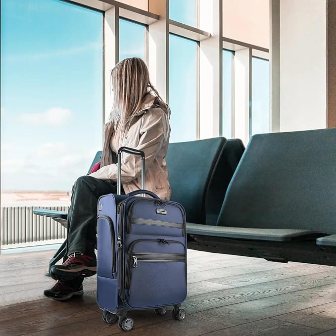 KROSER Softside Expandable Carry On Luggage with Spinner Wheels & Built-in TSA Lock, Durable Suitcase Rolling Luggage with USB Port, Carry-On 20-Inch, Navy