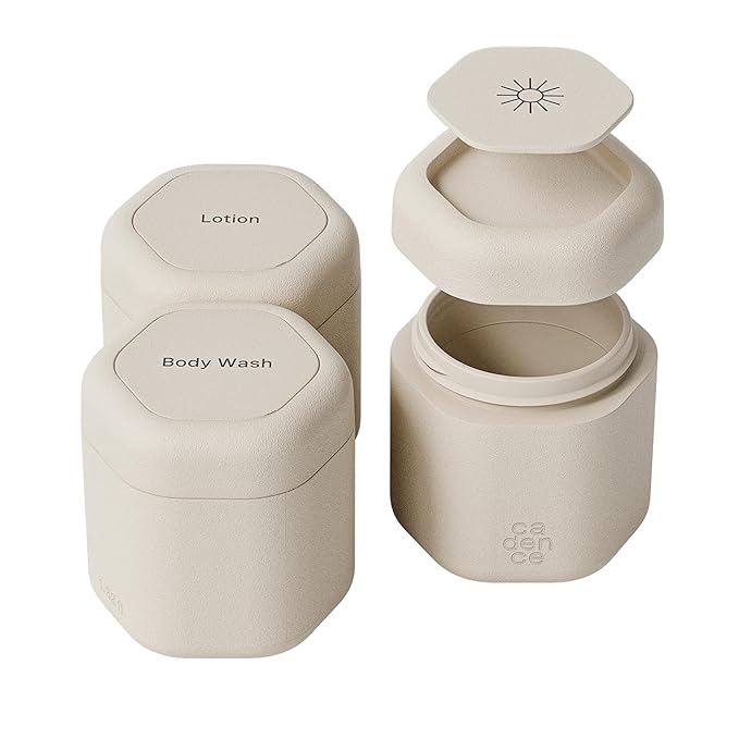 Cadence Travel Containers - Body Care Capsule Set - Magnetic Containers with Lids,Carry On Travel Essentials for Women/Men - 3 Flex Mediums (1.32oz) - Body Wash, Lotion & Sun Icon Labels - Sand