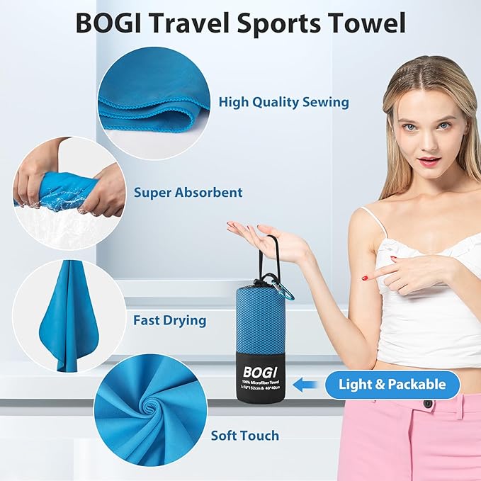 BOGI Microfiber Quick Dry Travel Sports Towel, Blue, 60"x30"+16"x16"