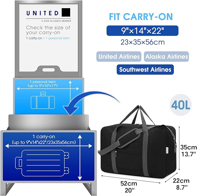 Narwey Carry on Luggage 22x14x9 Airline Approved Foldable Duffle Bag for Travel Packable Duffel Bag for Traveling Airplane for Women and Men 40L (Black (With Shoulder Strap))