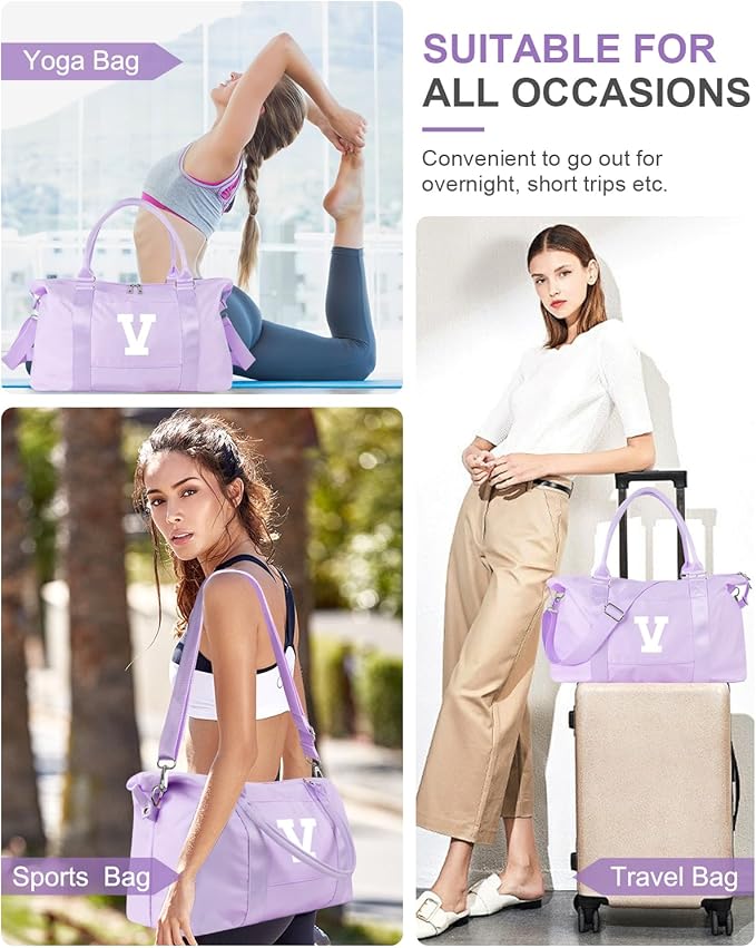 Daughter Niece Gifts for Teen Girl Kids, Initial Travel Duffel Bag Sports Gym Bag Personalized Gifts Weekender Bag，Monogram Overnight Bag Cute Dance Bag Birthday Bridesmaid Gifts for Women(Purple, V)