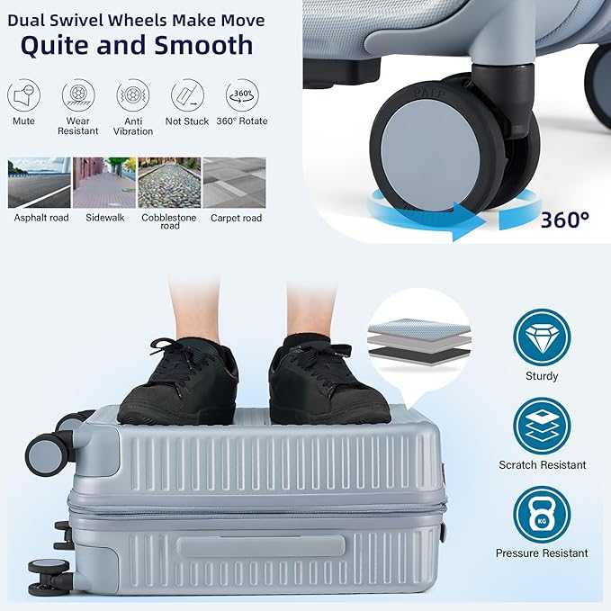 Hard Shell Suitcases Airline Approved 20 Inch Carry on Luggage with Wheels, Expandable Travel Luggage with Cup Holder Charger Built in Lightweight Small Suitcase, Silver