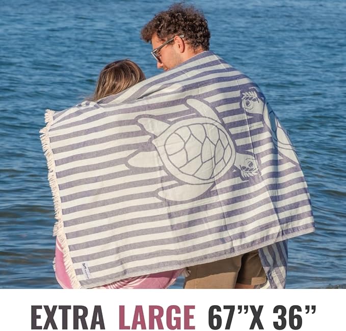 Turkish Beach Towel - 100% Organic Cotton - Soft, Quick-Dry, Sand Proof, Prewashed - Lightweight & Oversized for Beach, Pool, Yoga, Bath, Travel, Gym, Throw - Turqua (Blue)