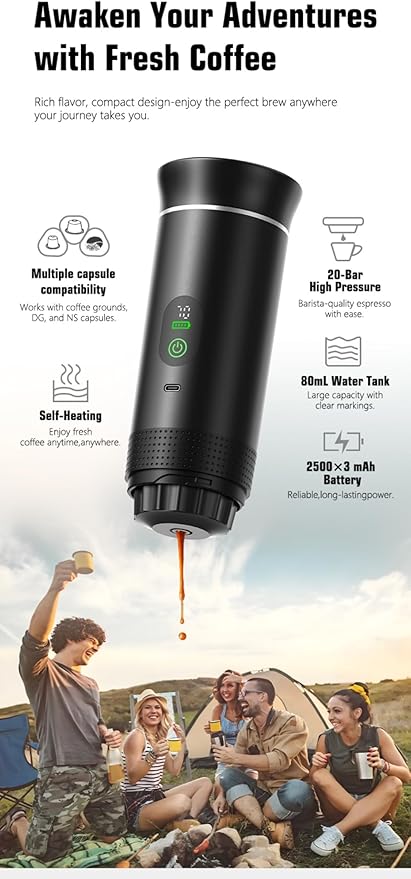 Portable Electric Coffee Maker, Digital Display, Compatible with Coffee Pods,Rechargeable Coffee Machine for Travel, Camping, RV,Home,Office (grey)