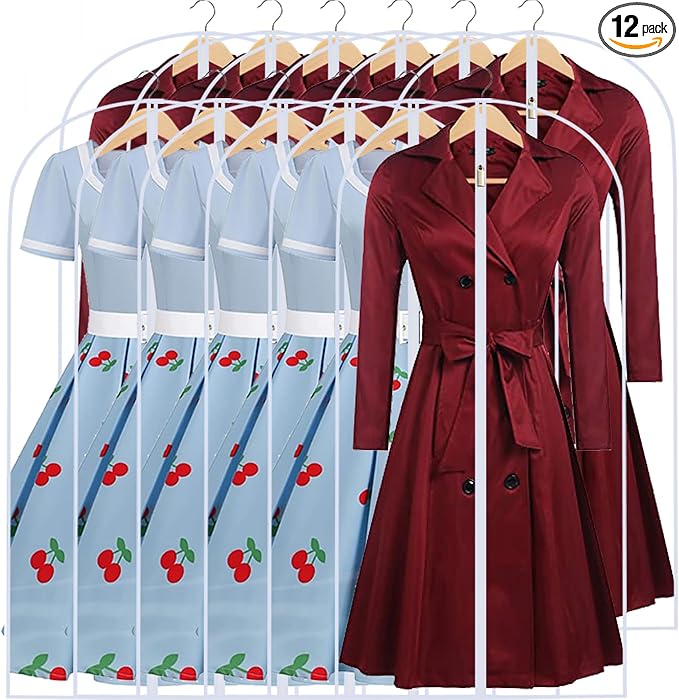Garment Bags for Hanging Clothes 24'' x 48'' (Set of 12) Coat Covers for Closet Foldable Washable Dress Bags for Hanging Clothes for Long Dress Dance Costumes Suits Gowns Coats