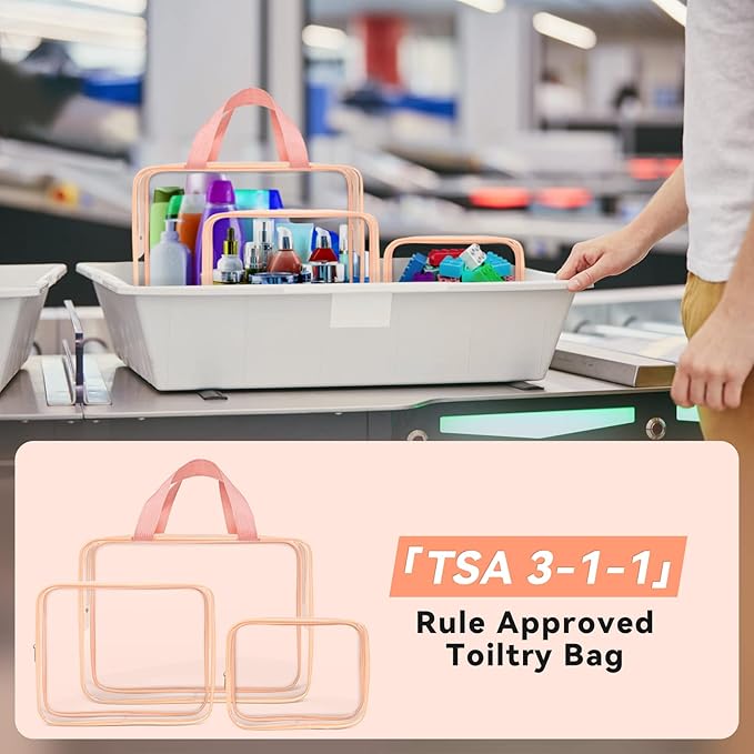 TISRATOK 10 PCS Clear Travel Makeup Toiletry Bag, Plastic PVC Cosmetic TSA Approved Organizer Kit with Zipper Handbag（Pink）