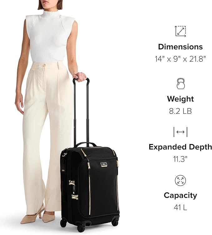 TUMI - Voyageur Leger 4 Wheeled Luggage - Women's Lightweight and Spacious, Sleek Silhouette, Durable Premium Suitcase - 16" Compact Carry-On, Black with Gold Hardware