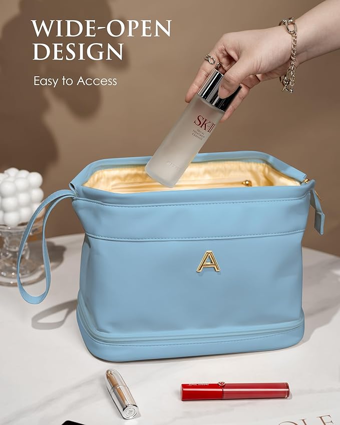 Initial Makeup Bags for Teens Girls, Personalized Double Layer Cosmetic Bag with Makeup Brush Organizer, Large Capacity PU Leather Travel Toiletry Bag, Gifts for Friends Female Mom