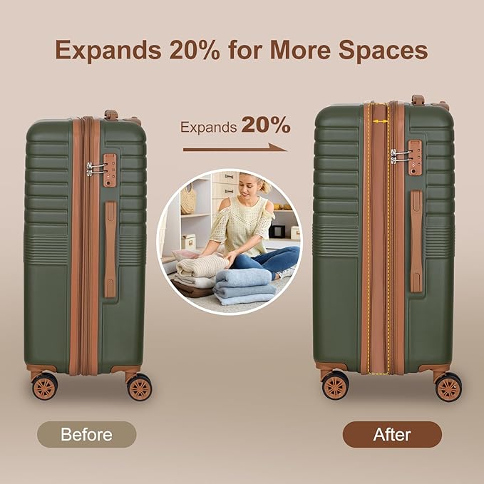 Romswi Luggage Sets 3 Piece Expandable PC+ABS Suitcases, Durable Hardshell Lightweight Suitcase Set with TSA Lock Dual Spinner Wheels, 21/24/28 Inch,Olive Green