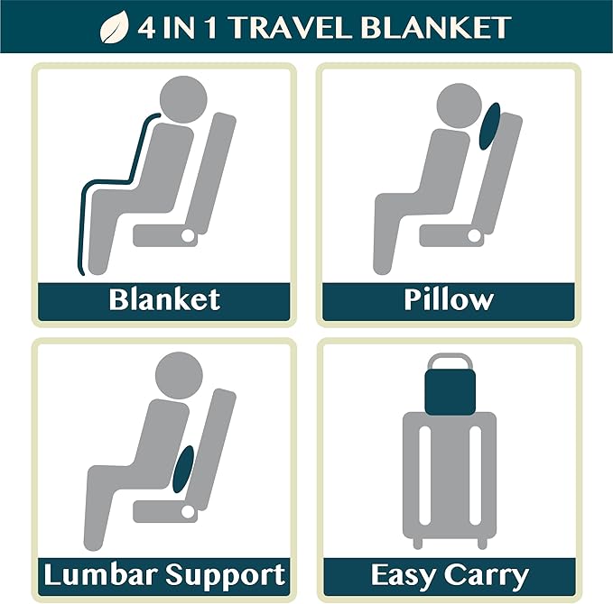 PAVILIA Travel Blanket and Pillow, Arms Opening Airplane Blankets for Adults, Compact Plane Blanket with Arm Hole 2-in-1 Bag for Flight Car Camping Fit in Luggage Backpack Traveler Gift, Teal Blue