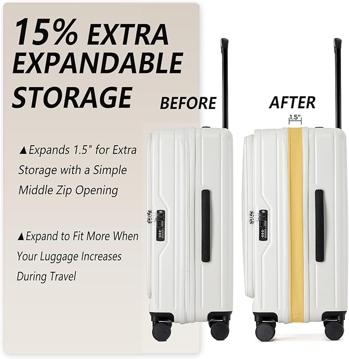 26 Inch Top Opening Checked Travel Luggage Expandable with Spinner Wheels,All PC Hard Shell Hardside Lightweight Medium Suitcase with TSA Approved Cup Holder for Business Trips Woman Men,White