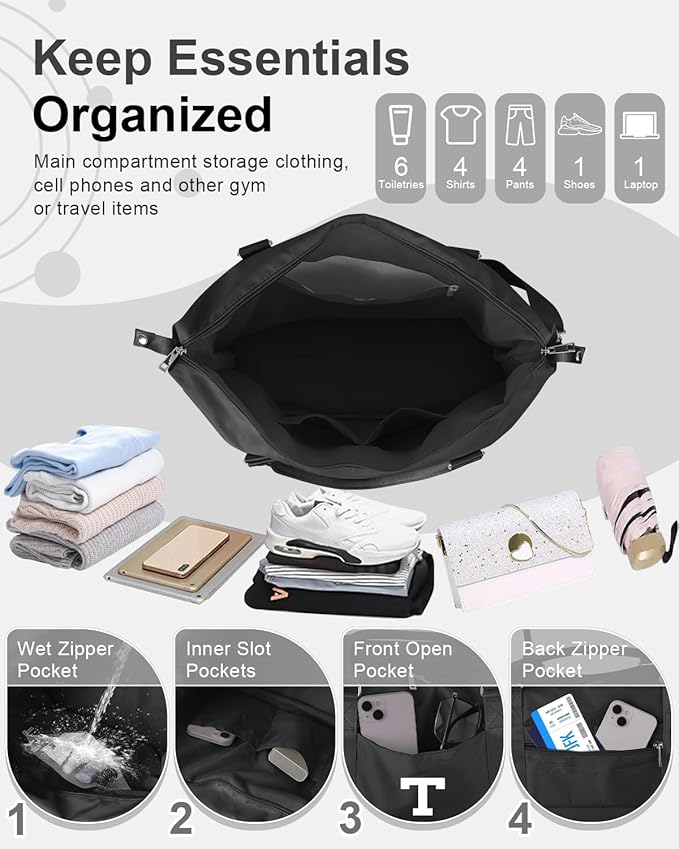 Initial Travel Duffel Bag Sports Gym Bag for Boys Teen Birthday Gifts,Black Personalized Weekender Bag Carry On Tote Bags for Men,Waterproof Overnight Luggage Bag Airplane Travel Essentials(Letter T)