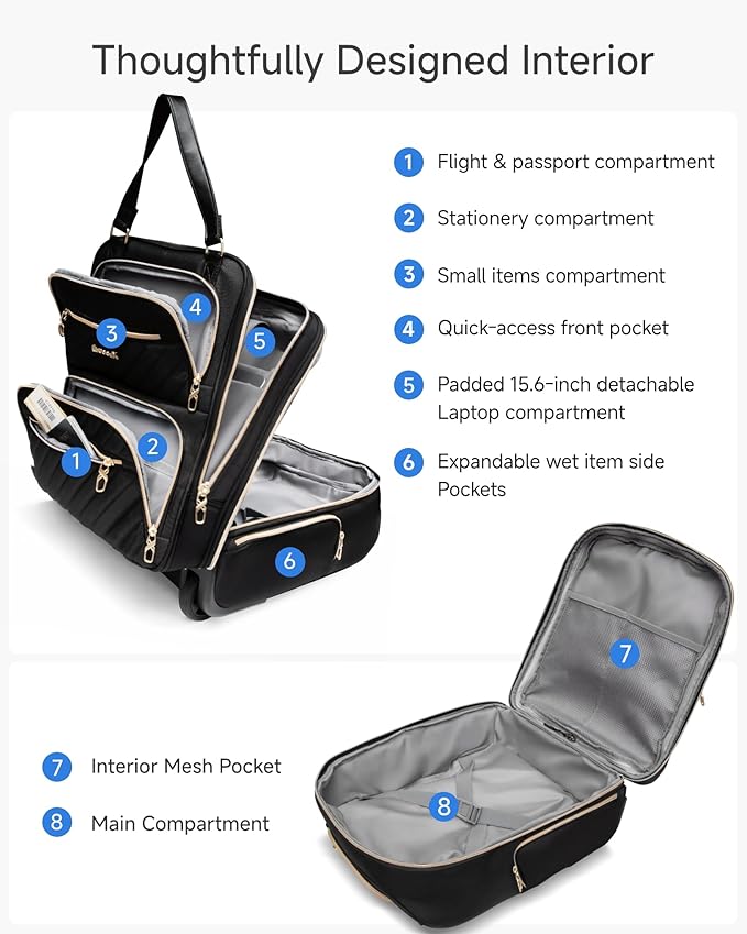 LUGGEX Underseat Carry On Luggage with Wheels, Stylish Lightweight Under Seat Luggage, Soft Sided Personal Item Suitcase for Short Trip (All Black, 16 Inch)