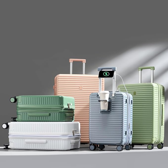 Hard Shell Suitcases Expandable Travel Luggage Sets 2 Piece, Carry on and Check in Luggage Lightweight Suitcase Set 2 Piece with Wheels Cup Holder Charger Built in (Bamboo Green, 20/28)