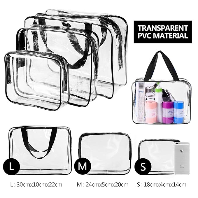 5Pcs Crystal Clear PVC Travel Toiletry Bag Kit for Women Men, Waterproof Vinyl Packing Organizer Storage Bags with Zipper Handle Straps, Cosmetic Pouch Carry on Airport Airline Compliant Bag Handbag
