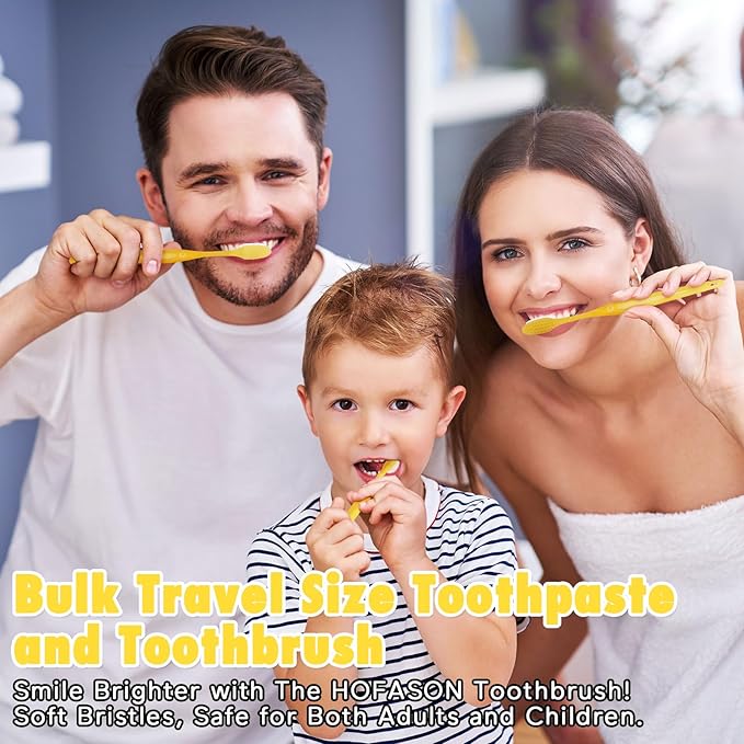 HOFASON Disposable Toothbrushes Pack of 50, Yellow Hollow Travel Toothbrush Set with Individually Wrapped Toothpaste for Homeless, Nursing Home, Shelter, Hotel
