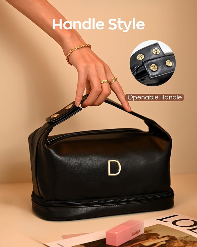 Initial Makeup Bag Personalized Bags with Handle, Waterproof Double Layer Cosmetic Bag, Large Capacity PU Leather Makeup Bags Letter Travel Toiletry Bag with Makeup Brush Organizer