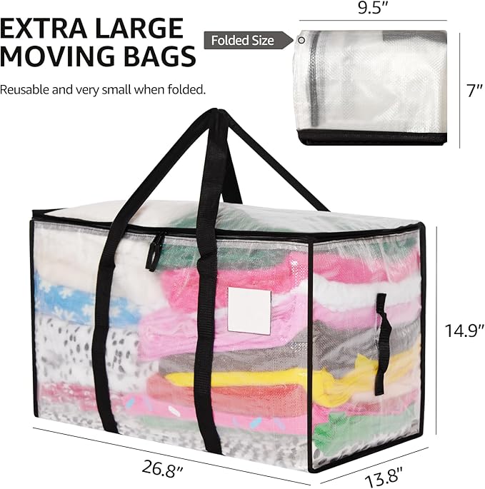 Moving Bags Heavy Duty Extra Large, Alternative for Moving Boxes & Moving Supplies,Clear Storage Bins with Lids, Plastic Packing Tote, Storage Bags for Clothes with Handles & Zippers(Clear, 2 Pack)