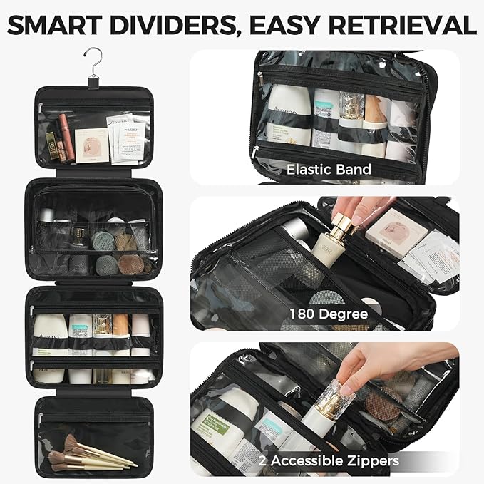 Toiletry Bag For women,Portable Hanging Organizer,4 Leakproof Compartment for full-sized Conditioner, Brushes Set, Makeup Accessories,Visible and easy to access.M-black