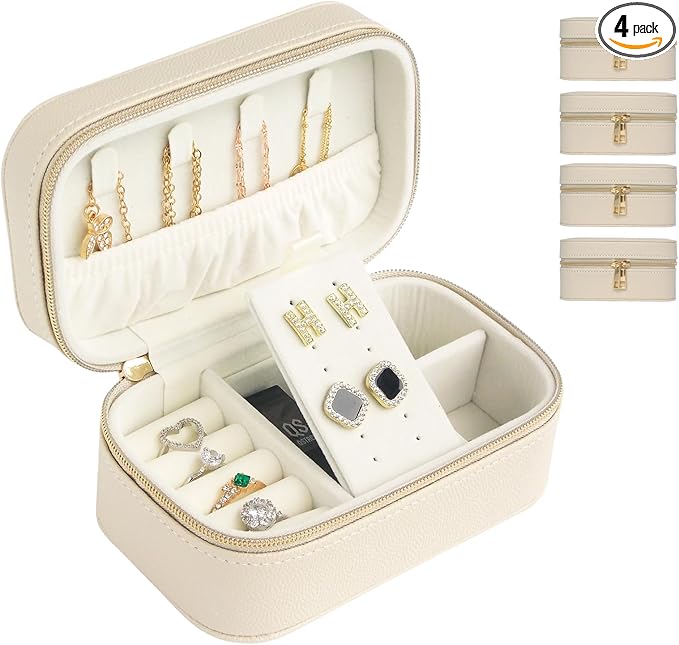 Travel Jewelry Case Bulk Of 4 For Women Weekend Trips, Gold Zip PU Leather Compact Jewelry Organizer For Earring Bracelets Beige Travel Jewelry Box Set Perfect For Small Bridesmaid Jewelry Box Gift