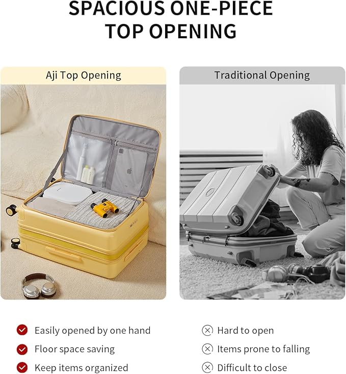 aji Expandable Top Open 24 Inch Checked Luggage with Spinner Wheels, Large Suitcase with TSA Lock, Hardside Travel Luggage Suitcases for Men Women, for 14+Days Travel, Cheese Yellow