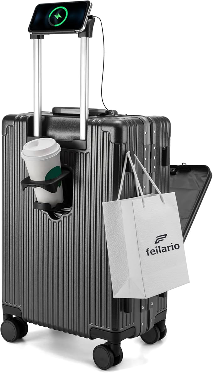 feilario 24in Aluminium Frame PC Hard Shell Spinner Wheels Luggage, Built-In TSA lock Carry on Suitcase, with Cup Holder, USB Port, Phone Holder