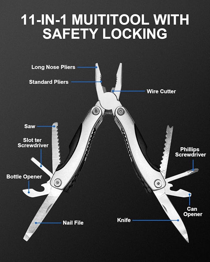 UNOONE 11-in-1 Multitool Pliers - Stainless Steel Pocket Knife with Pliers, Screwdriver & Bottle Opener - Aluminum Handle EDC Knives for Survival, Camping, Hunting, Hiking - Gift for Men Women (Blue)