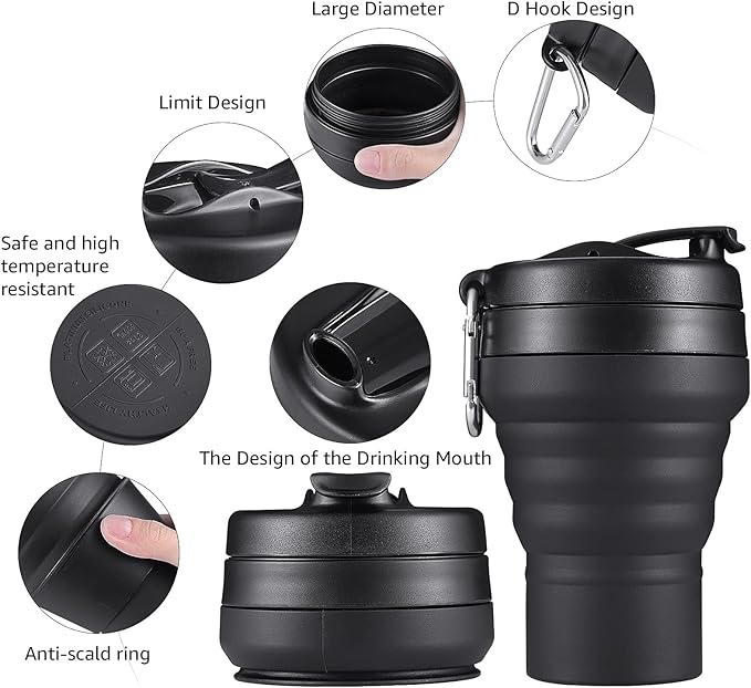 Collapsible Coffee Cup, 2 Pack 20 OZ 600ml Silicone Travel Folding Cup, Leak Proof BPA Free Portable Cup, Travel mug with Lids for Camping hiking (2 * 20OZ)