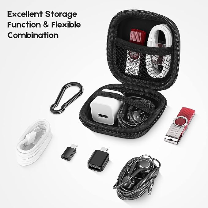 Earbud Case Hard EVA Earphone Carrying Case Cell Phone Accessories Storage Bag with Carabiner for Airpods Headset Earphone Flash Drive Charging Cable Key Wall Charger