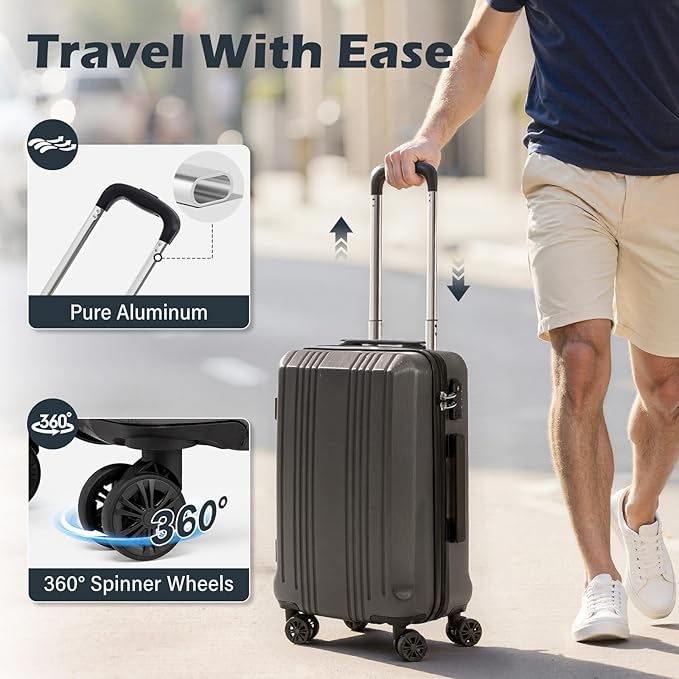 Coolife Luggage Suitcase PC+ABS with TSA Lock Spinner Carry on Hardshell Lightweight 20in 24in 28in (grey, S(20in))