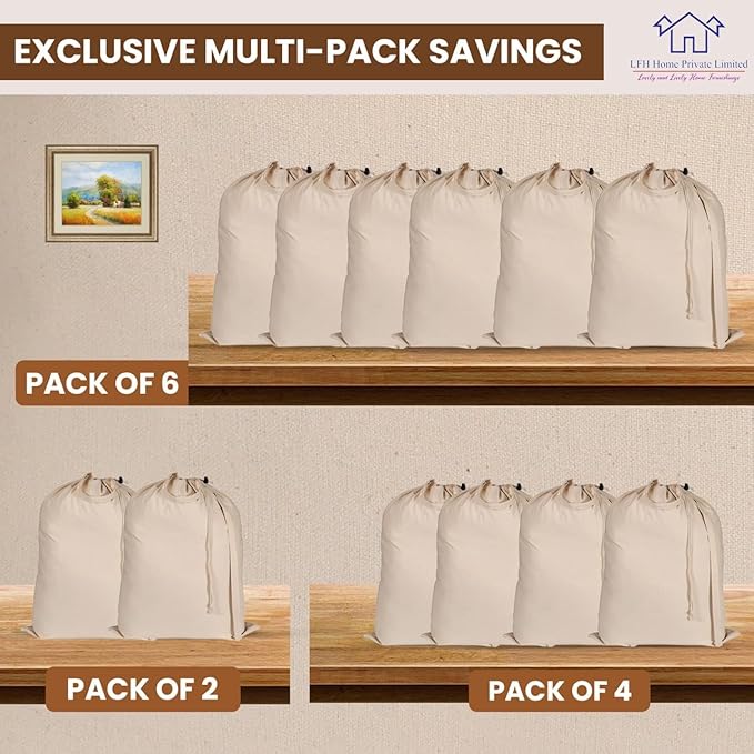 LFH Home Large Premium 100% Cotton Canvas Laundry Bag with Drawstring and Handles Heavy Duty, Multi-Use, and Washable for Home, Travel, College or Storage 28x36 (Pack of 2)-Natural