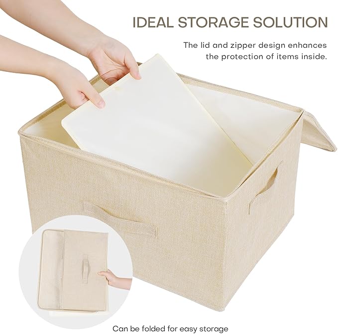 ANMINY 2PCS Storage Bins with Zipper Lids 51.9 Qt Lidded Fabric Storage Boxes Baskets Cubes with Handles Collapsible Washable Cotton Linen Closet Shelf Clothes Organizer - Beige, Extra Large