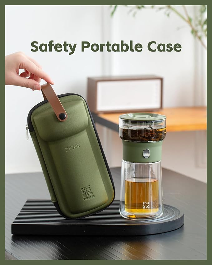 ZENS Modern Glass Infuser Teapot, Smart One Touch Tea Maker for Loose Tea Diffusers with Insulated Mug and Portable Case, Enchanted Teapot Alternatives for Tea Lover Gifts