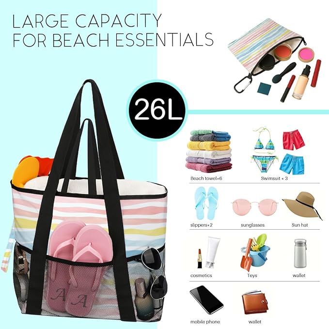8-Pocket Waterproof Tote for Women -Sandproof Beach Bag with Zipper& Family | Foldable Travel Swim Bag (Gift-Ready)