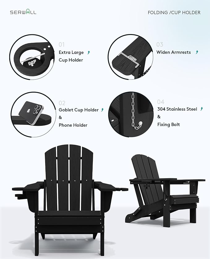 SERWALL HDPE Folding Adirondack Chair with Dual Cup Holder - Composite Adirondack Chair Set of 6- Black