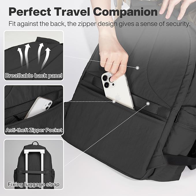mixi Outdoor Lightweight Backpack Casual Carry On Laptop Backpack Travel Bookbag for Women Men, Water Resistant Durable Hiking Bag for Camping Weekender Sports College Work, 17 Inch, Black