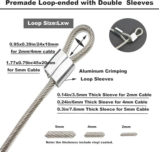 5 Pcs 4mm Wire 24 inch Vinyl Coated Stainless Steel Cable with Loops Short Wire Rope Lanyard Lock Security Chain Link for Outdoor Gates, Clear(4mm x 24inch)