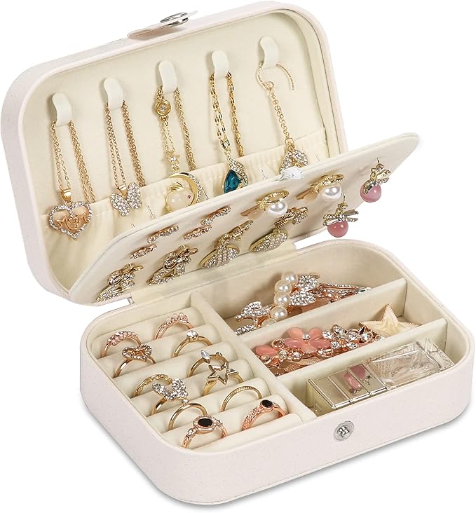 Travel Jewelry Box, PU leather Small Jewelry Organizer For Female Girls, double layer portable mini travel case for storing earrings, rings, necklaces.(white 2pcs)