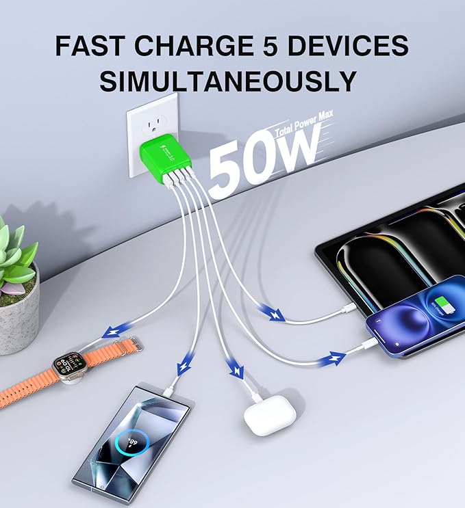 50W USB C Wall Charger Block,5-Port C Charger Fast Charging Block PD Power Adapter +QC 3.0 Multiport Type C Box Charger Cube USB A Wall Plug for iPhone 16/15/14/13 Pro Max Plus,Samsung(Green)(2-Pack)