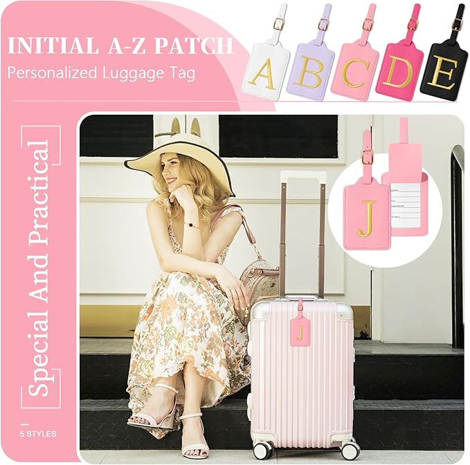 Personalized Initial Luggage Tags for Suitcase, Pink Leather Cute Luggage Tags with Privacy Cover Name Card, Embroidered Custom Monogrammed Luggage Tag Travel Bag Baggage Tags Gifts for Women Kids(J)