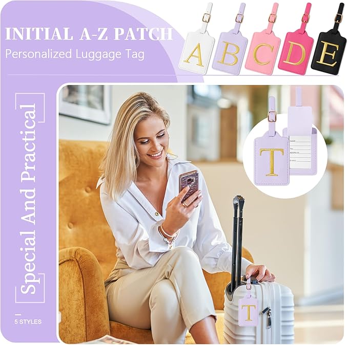 Personalized Initial Luggage Tags for Suitcase, Purple Leather Cute Luggage Tags with Privacy Cover Name Card, Embroidered Custom Monogrammed Luggage Tag Travel Backpack Tags Gifts for Women Kids(T)