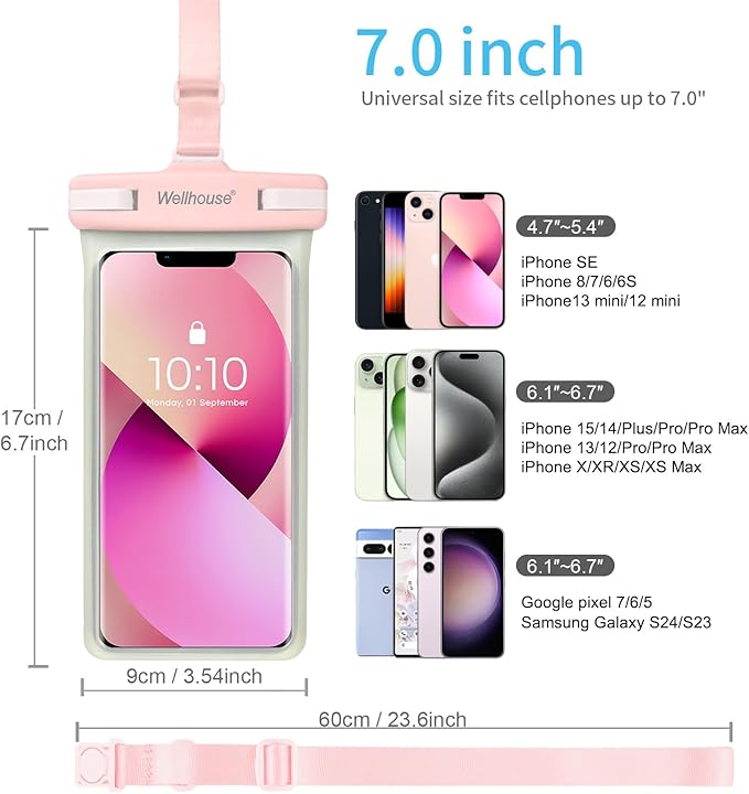 wellhouse Waterproof Phone Pouch, Waterproof Phone Case for iPhone 16 15 14 13 12 Pro Max XS Samsung, IPX8 3D Cellphone Dry Bag Beach Essentials (1 Pack - Luminous Pink7.0, 7 inch)