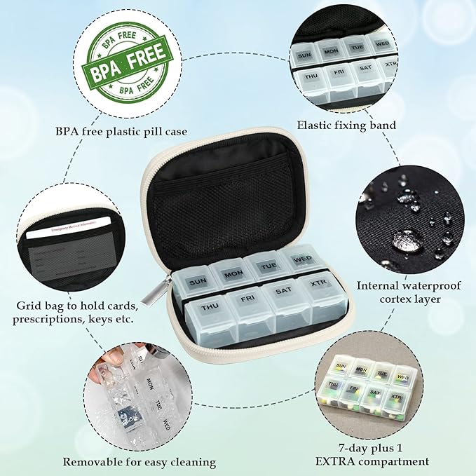 Serfeymi Weekly Travel Pill Organizer Case for Purse with Removable 7 Day Pill Box, Fashionable Pill Container for Medicine, Vitamin, Supplement - Bloom 01