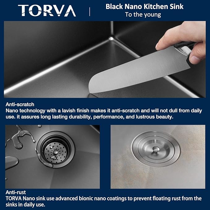 TORVA 18 x 18 Inch Gloss Black Drop-in Topmount Kitchen Sink - 16 Gauge Stainless Steel, PVD Coated Gunmetal Finish, NanoTek Single Bowl 9-Inch Deep Bar/Prep Basin, Dark Gray