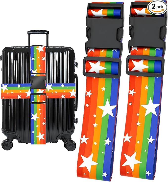 Rainbow Stars Luggage Straps for Suitcases, Adjustable Luggage Travel Belt to Keep Luggage Security While Travel, Strong Polyester Fabric, Easy-to-Recognize Funny Pattern Travel Essentials, 2 Pack