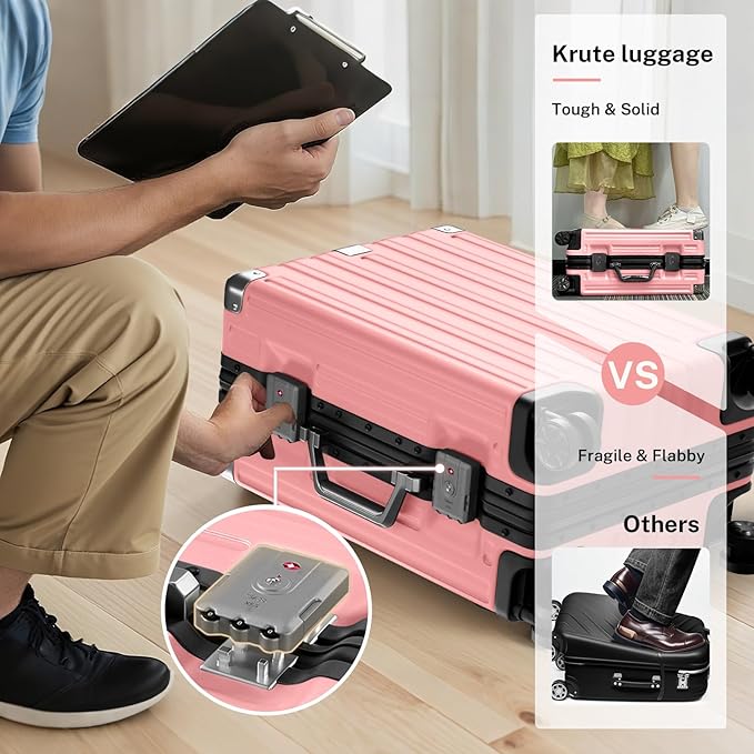 Krute Checked Aluminum Frame Suitcase 24 Inch Zipperless Luggages Hardside PC Luggage With Spinner Wheels TSA Lock USB Charger Suitcases(1 Piece)